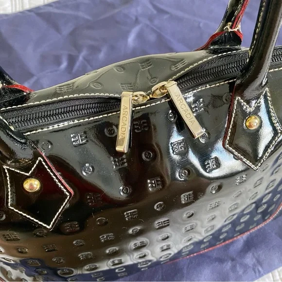 Arcadia Genuine Patent Leather Made in Italy Logo Satchel Bag Black with Red - Picture 2 of 11